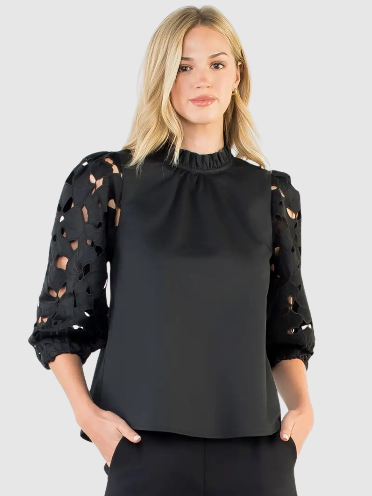 Zoe Black Poplin Top with Eyelet Sleeve Detail