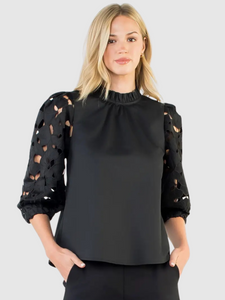 Zoe Black Poplin Top with Eyelet Sleeve Detail