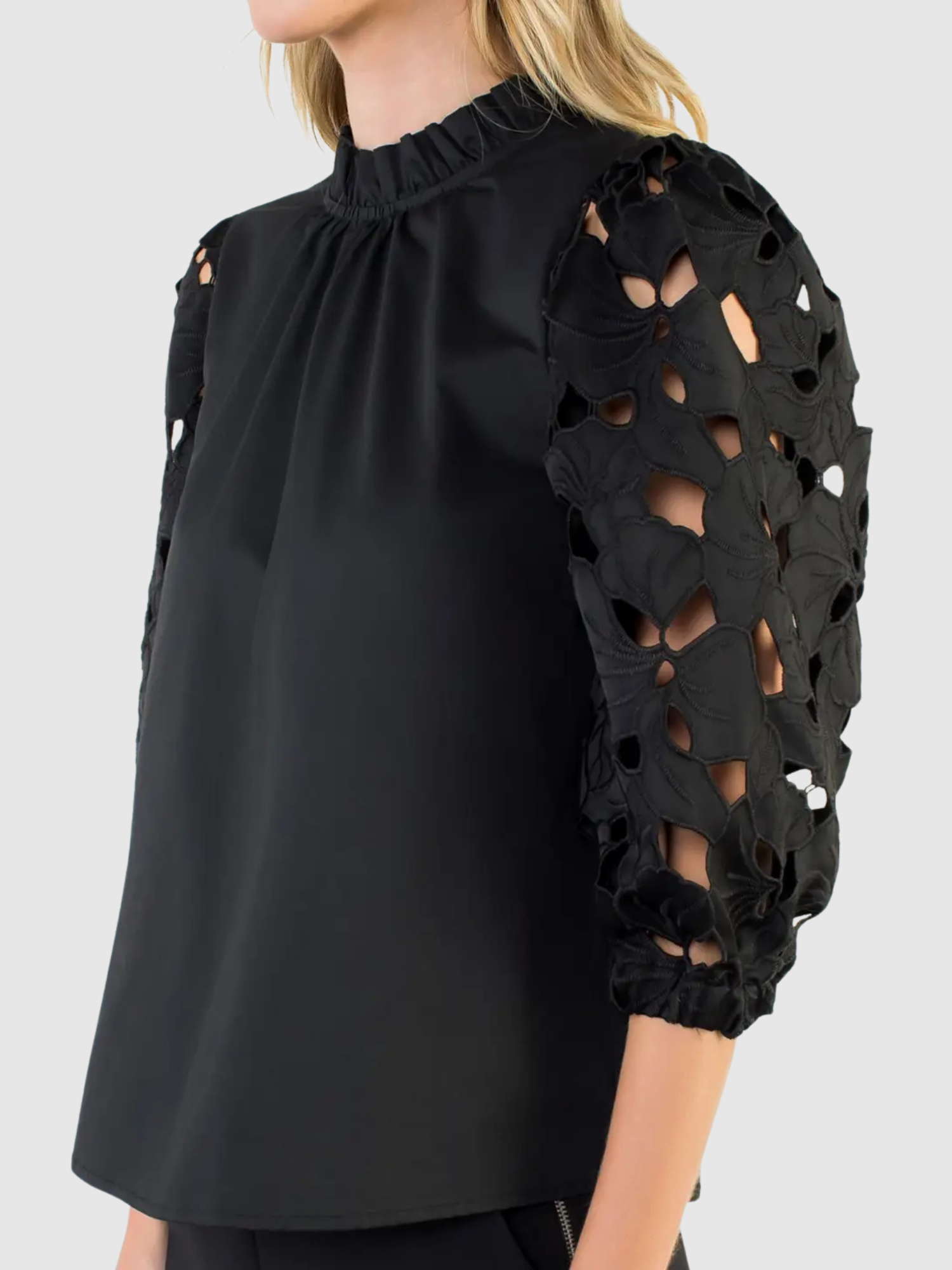 Zoe Black Poplin Top with Eyelet Sleeve Detail