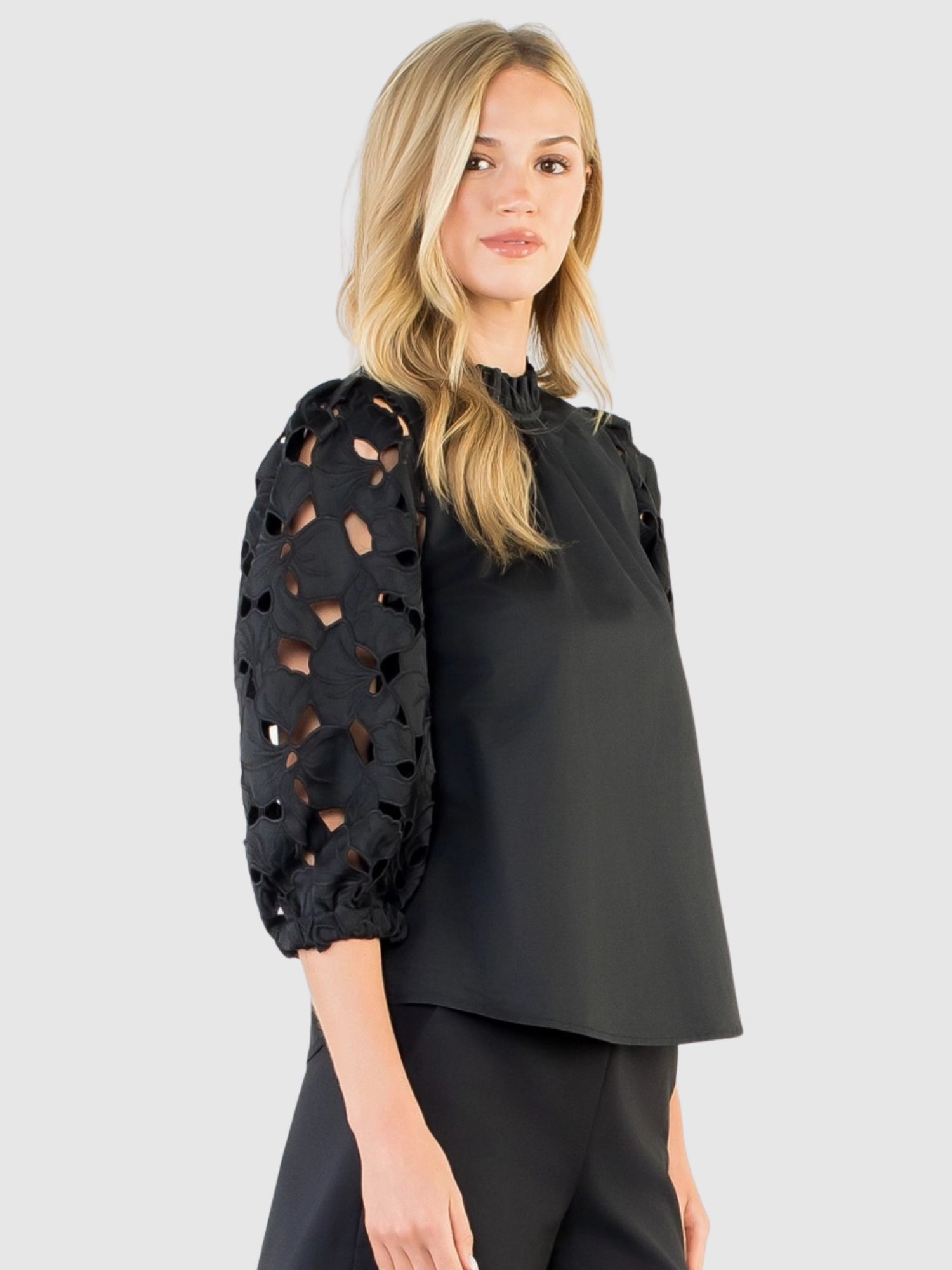 Zoe Black Poplin Top with Eyelet Sleeve Detail