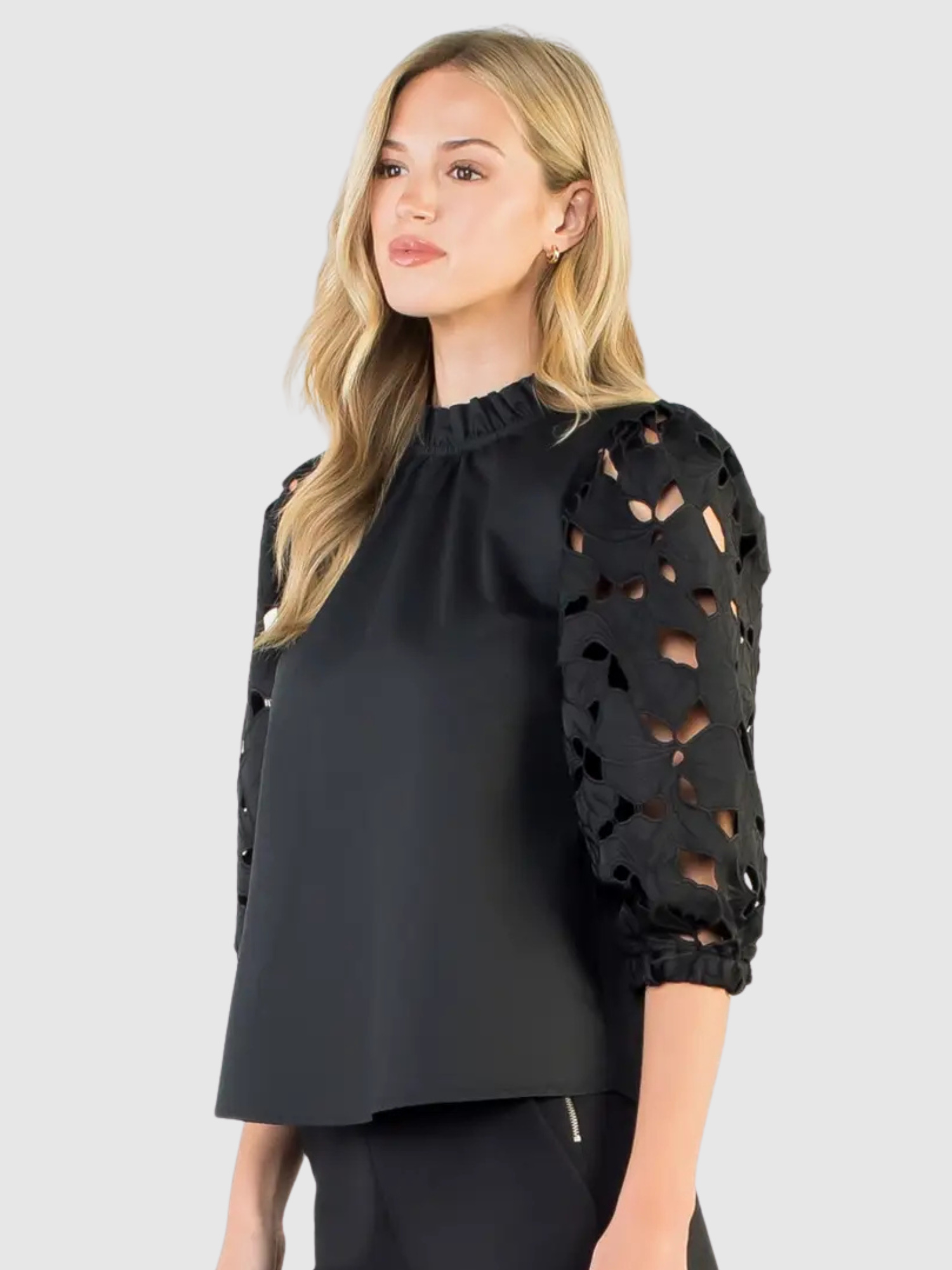 Zoe Black Poplin Top with Eyelet Sleeve Detail