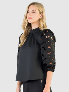 Zoe Black Poplin Top with Eyelet Sleeve Detail