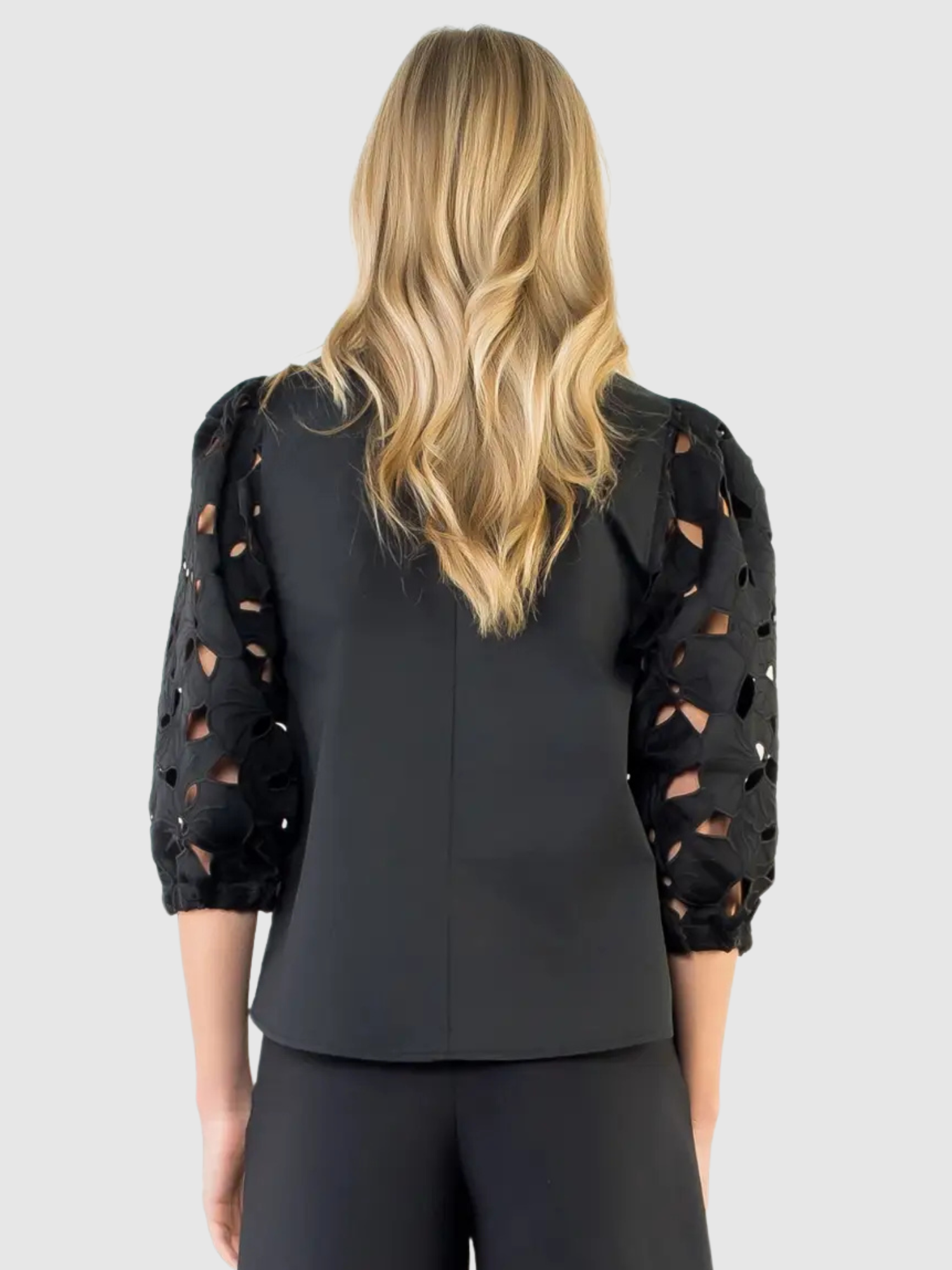 Zoe Black Poplin Top with Eyelet Sleeve Detail