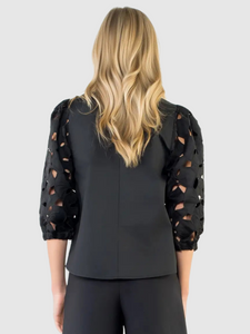 Zoe Black Poplin Top with Eyelet Sleeve Detail