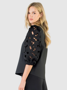 Zoe Black Poplin Top with Eyelet Sleeve Detail