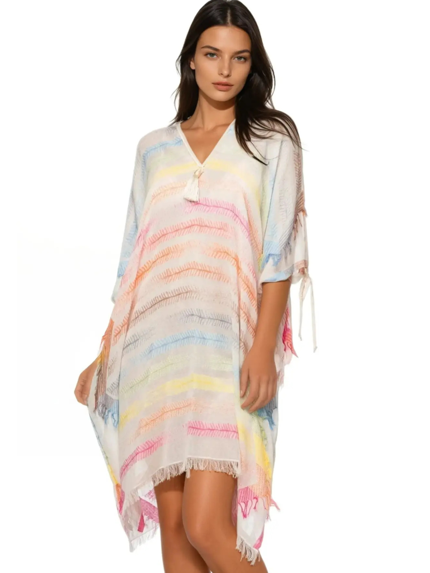 Pool to Party Open Shoulder Sundress Coverup in Neon Rainbow Loomed Fabric