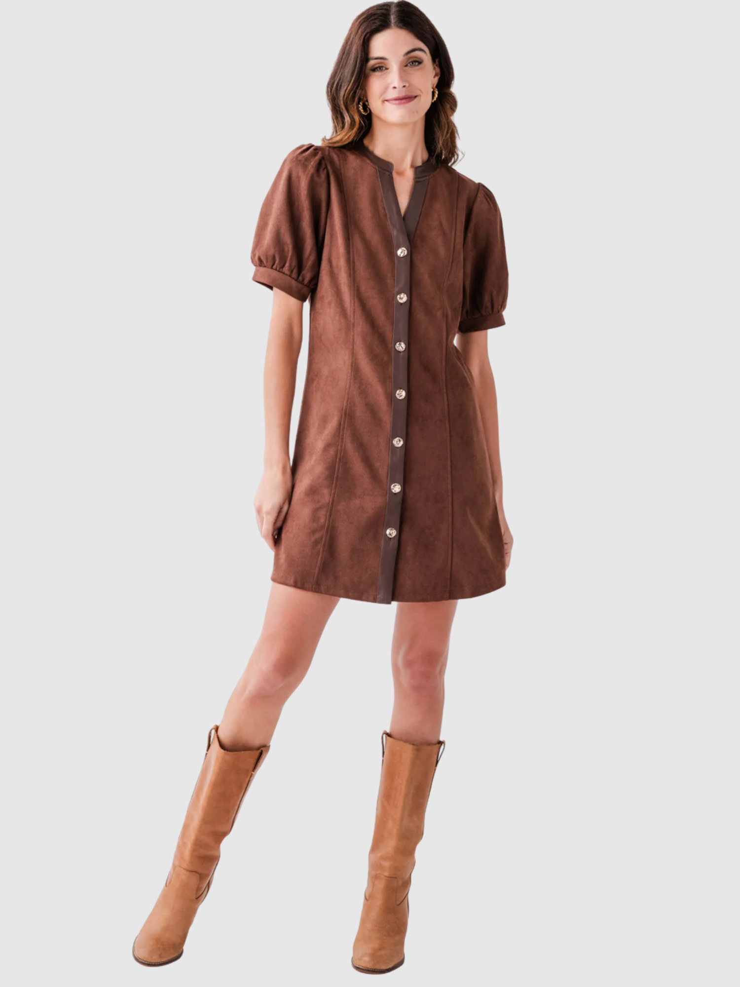 Valentina Puff Sleeve V Neck Button Up Suede Dress