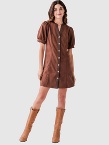 Valentina Puff Sleeve V Neck Button Up Suede Dress