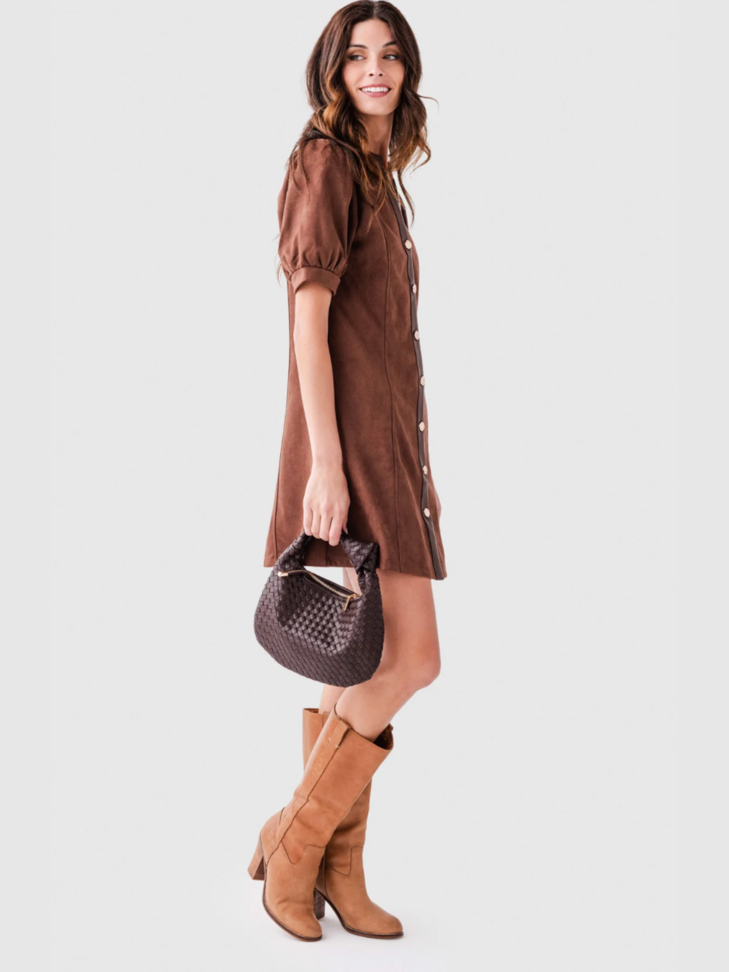 Valentina Puff Sleeve V Neck Button Up Suede Dress
