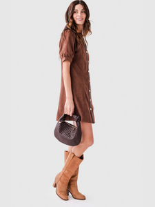 Valentina Puff Sleeve V Neck Button Up Suede Dress