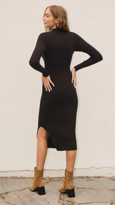 Ribbed Knit Mock Neck Dress -Black