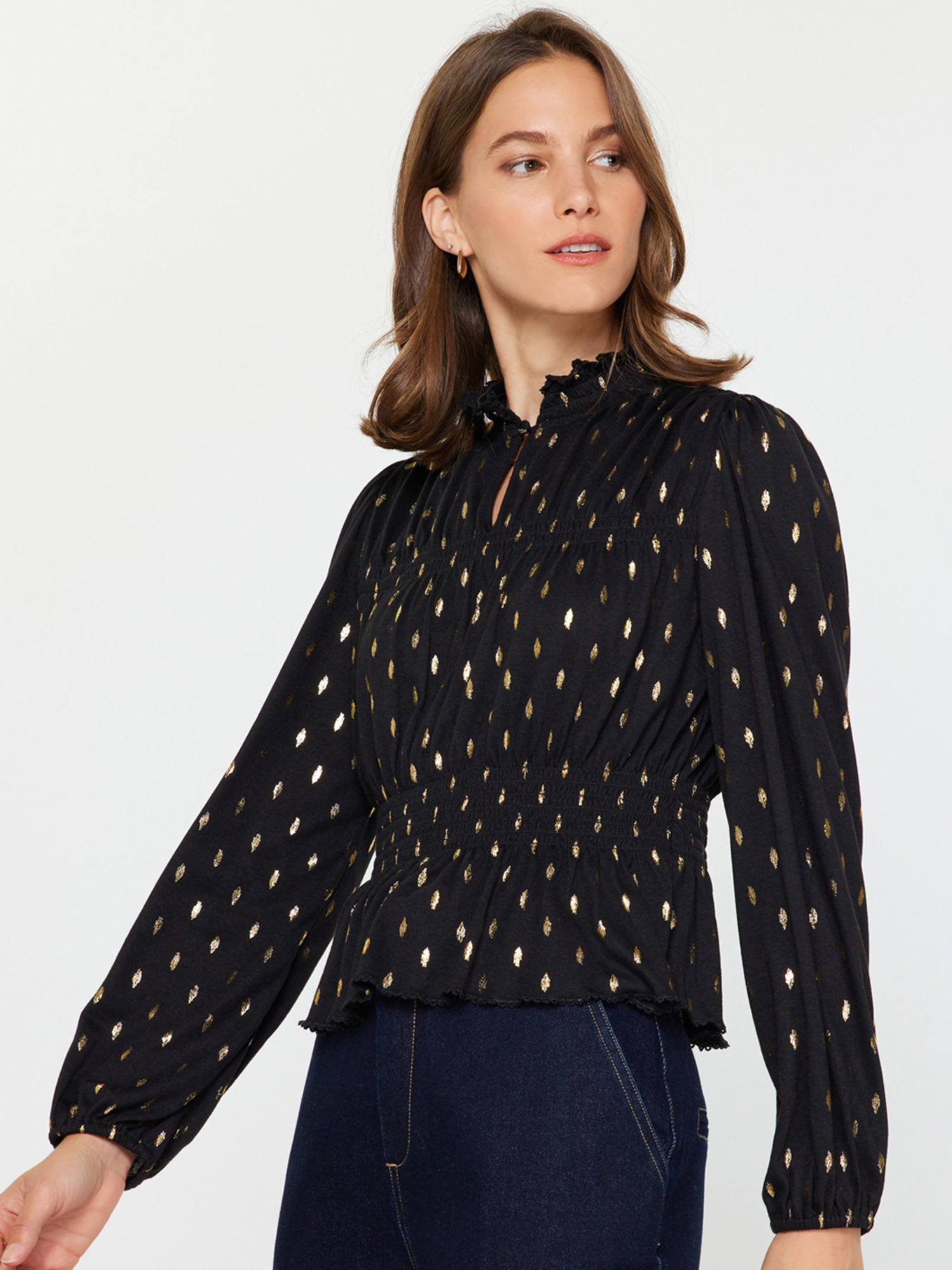 Celeste Metallic Foil Dot Peplum Top