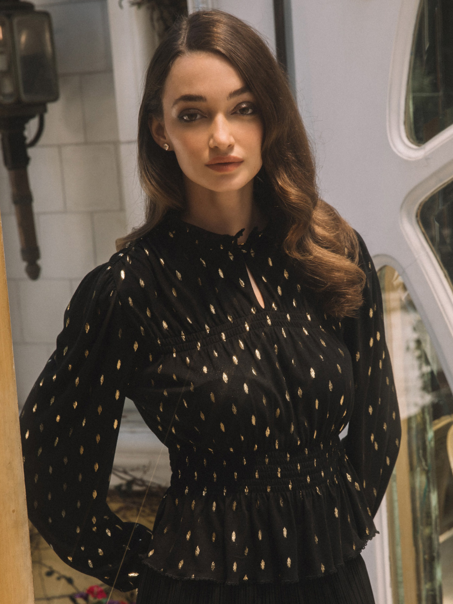 Celeste Metallic Foil Dot Peplum Top