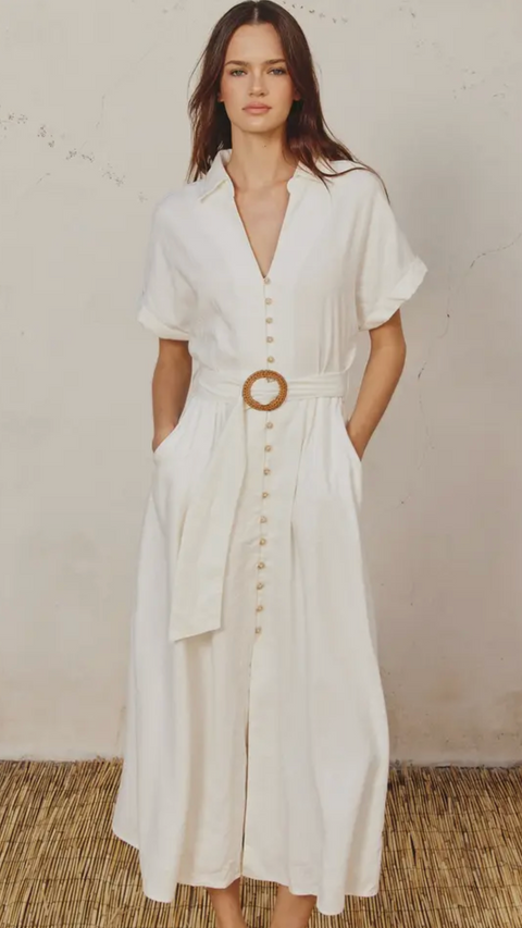 Cotton Linen blend maxi shirtdress- Ivory