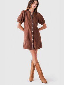 Valentina Puff Sleeve V Neck Button Up Suede Dress