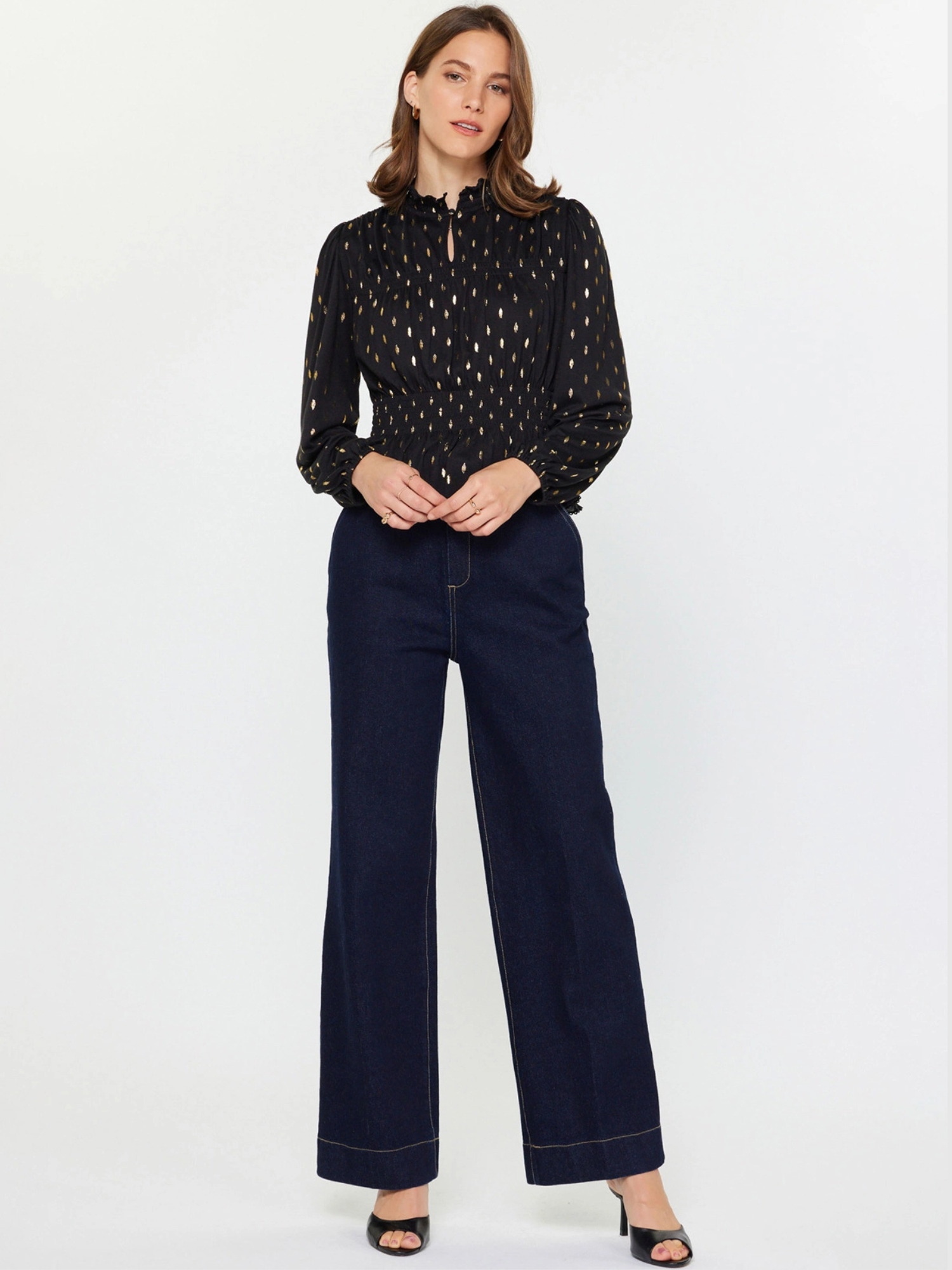 Celeste Metallic Foil Dot Peplum Top