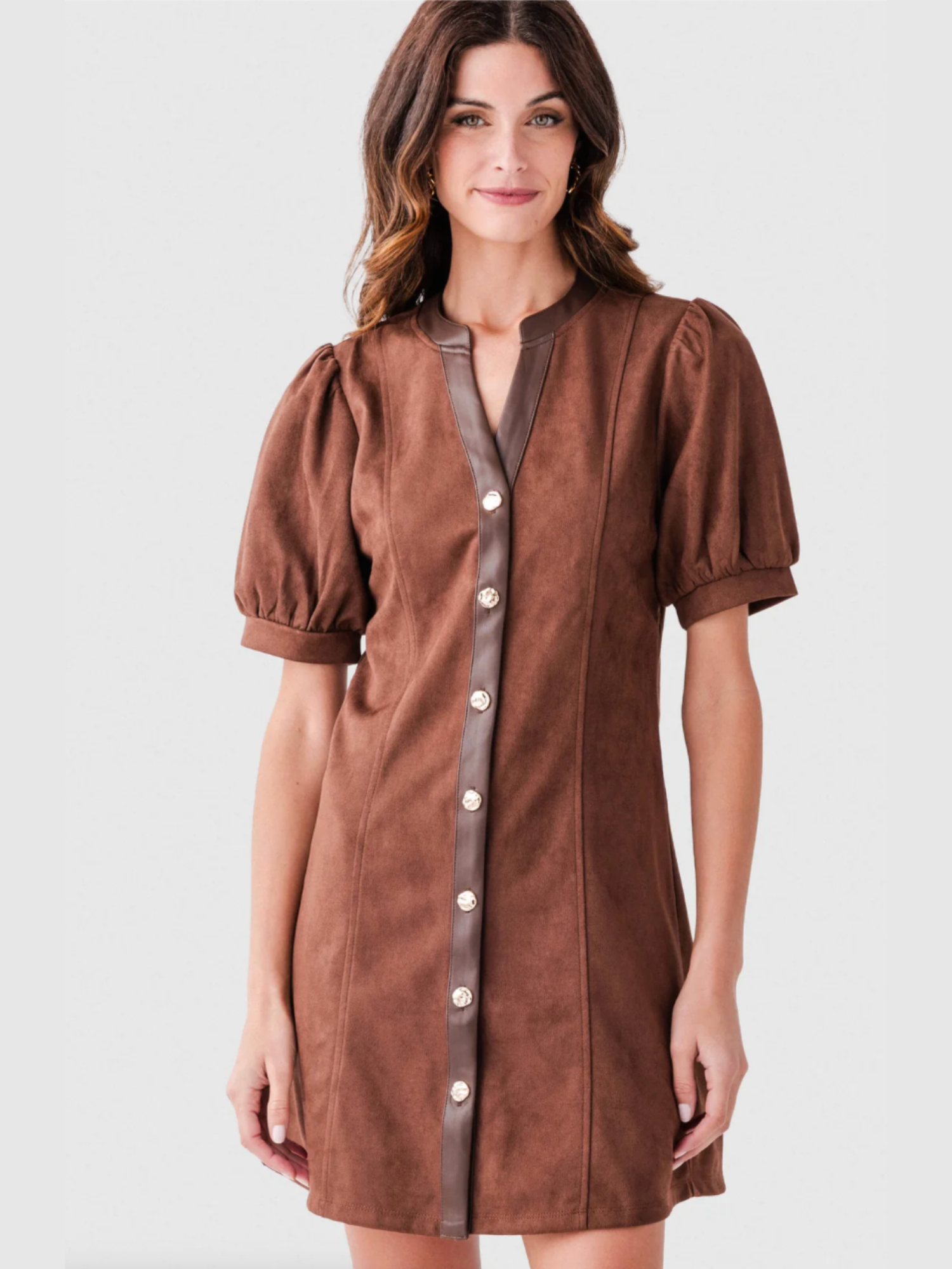 Valentina Puff Sleeve V Neck Button Up Suede Dress