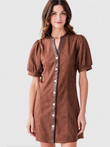 Valentina Puff Sleeve V Neck Button Up Suede Dress