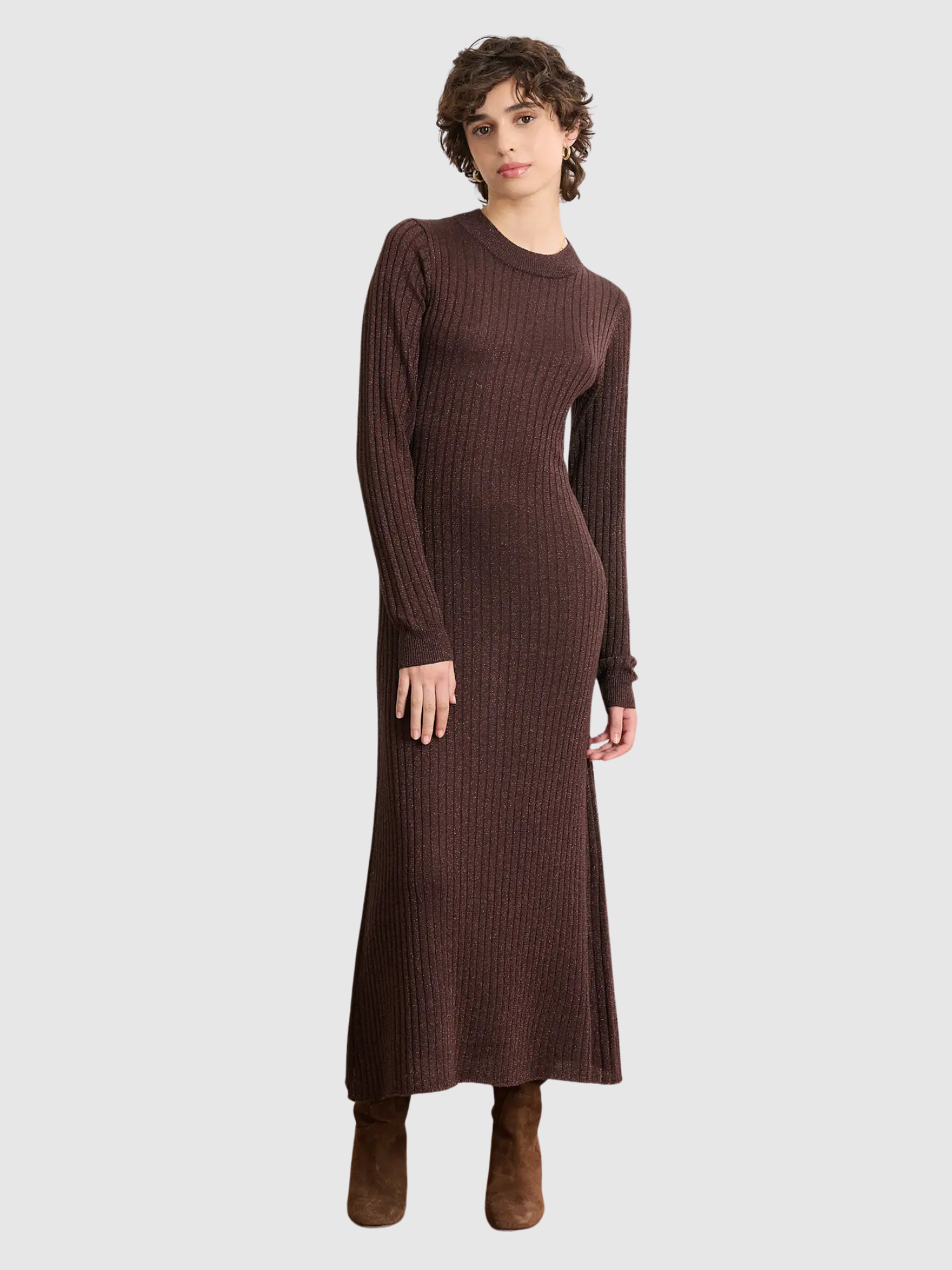 Tipi Chocolate Lurex Ribbed Knit Dress