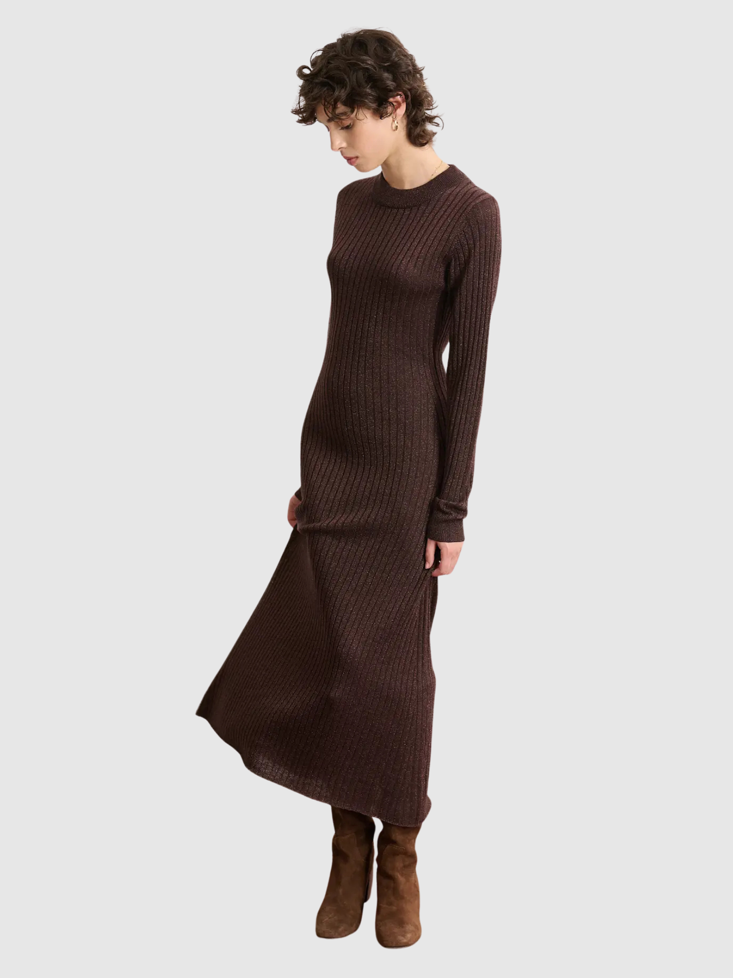 Tipi Chocolate Lurex Ribbed Knit Dress