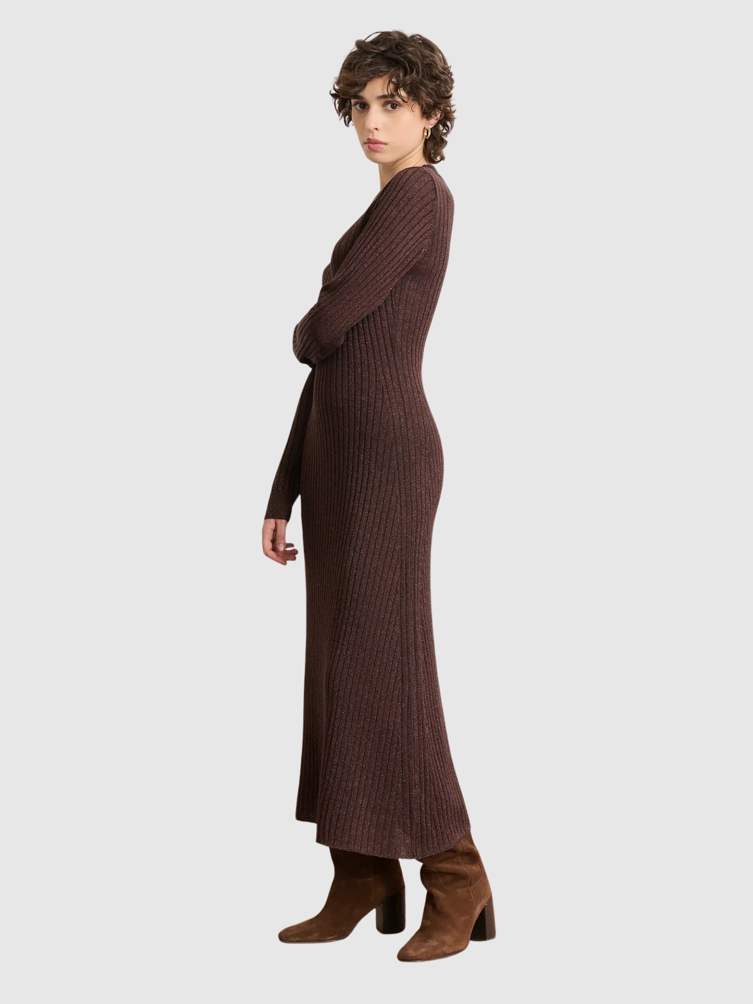 Tipi Chocolate Lurex Ribbed Knit Dress