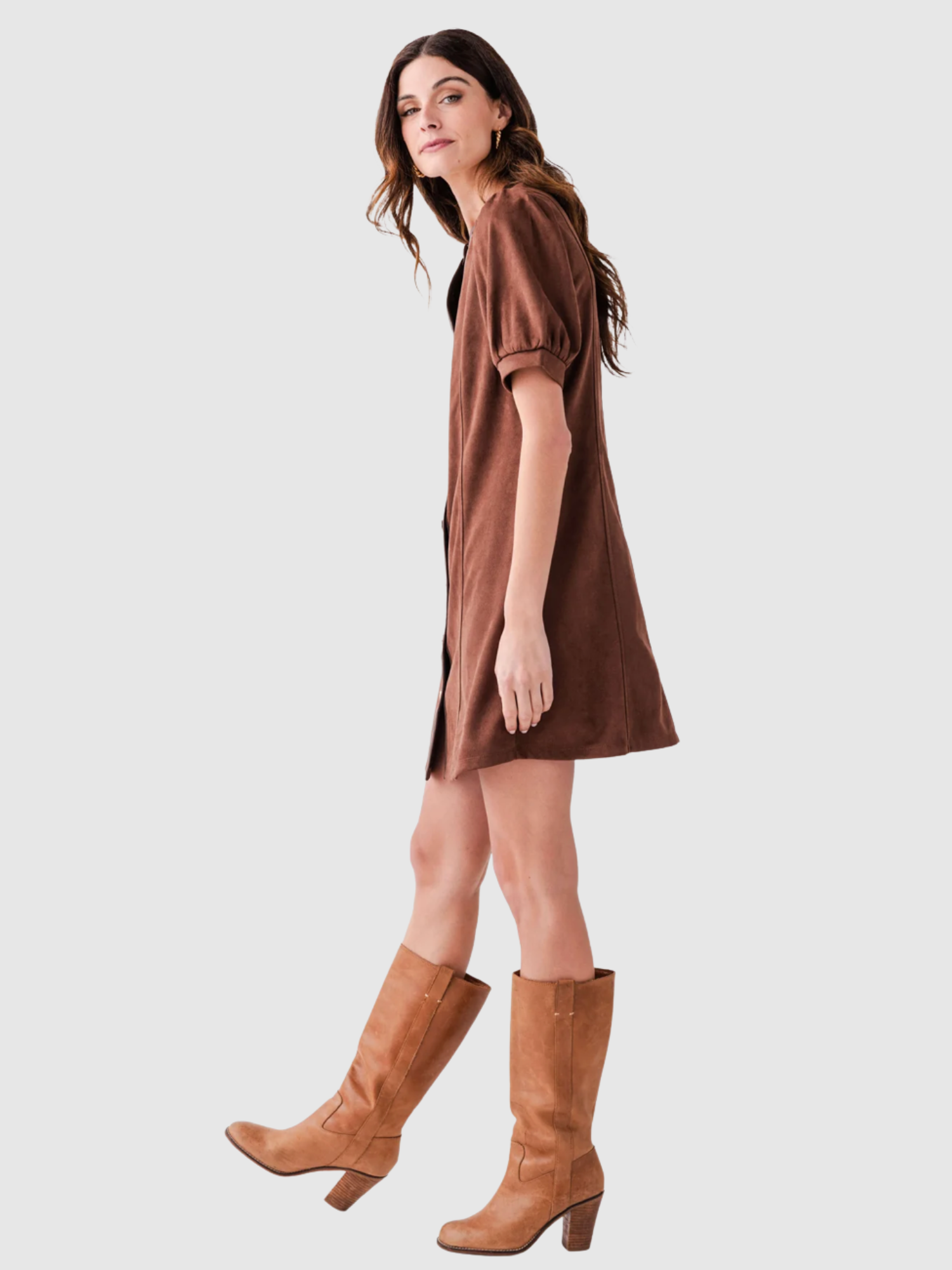 Valentina Puff Sleeve V Neck Button Up Suede Dress