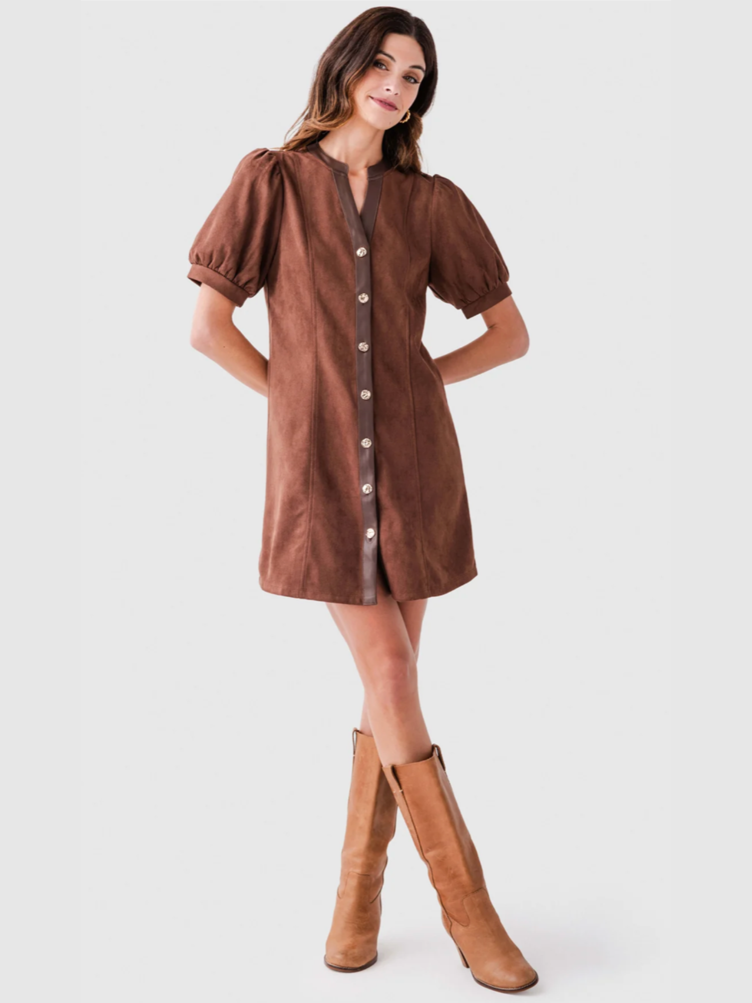 Valentina Puff Sleeve V Neck Button Up Suede Dress