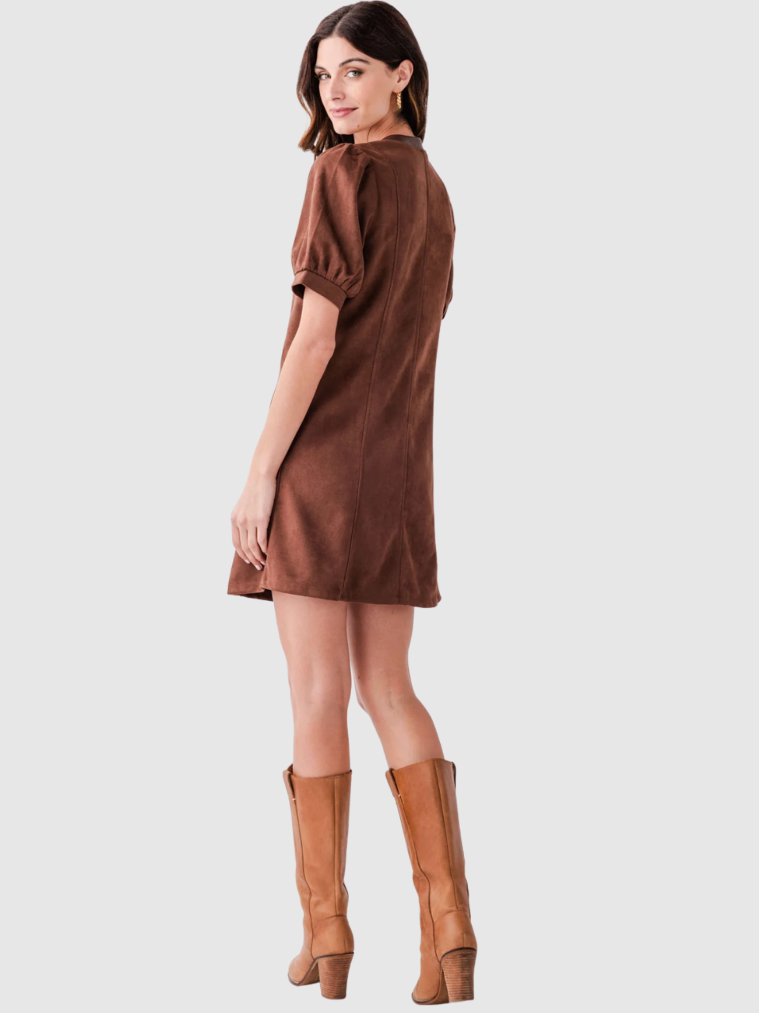 Valentina Puff Sleeve V Neck Button Up Suede Dress