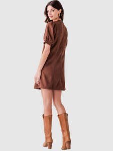 Valentina Puff Sleeve V Neck Button Up Suede Dress