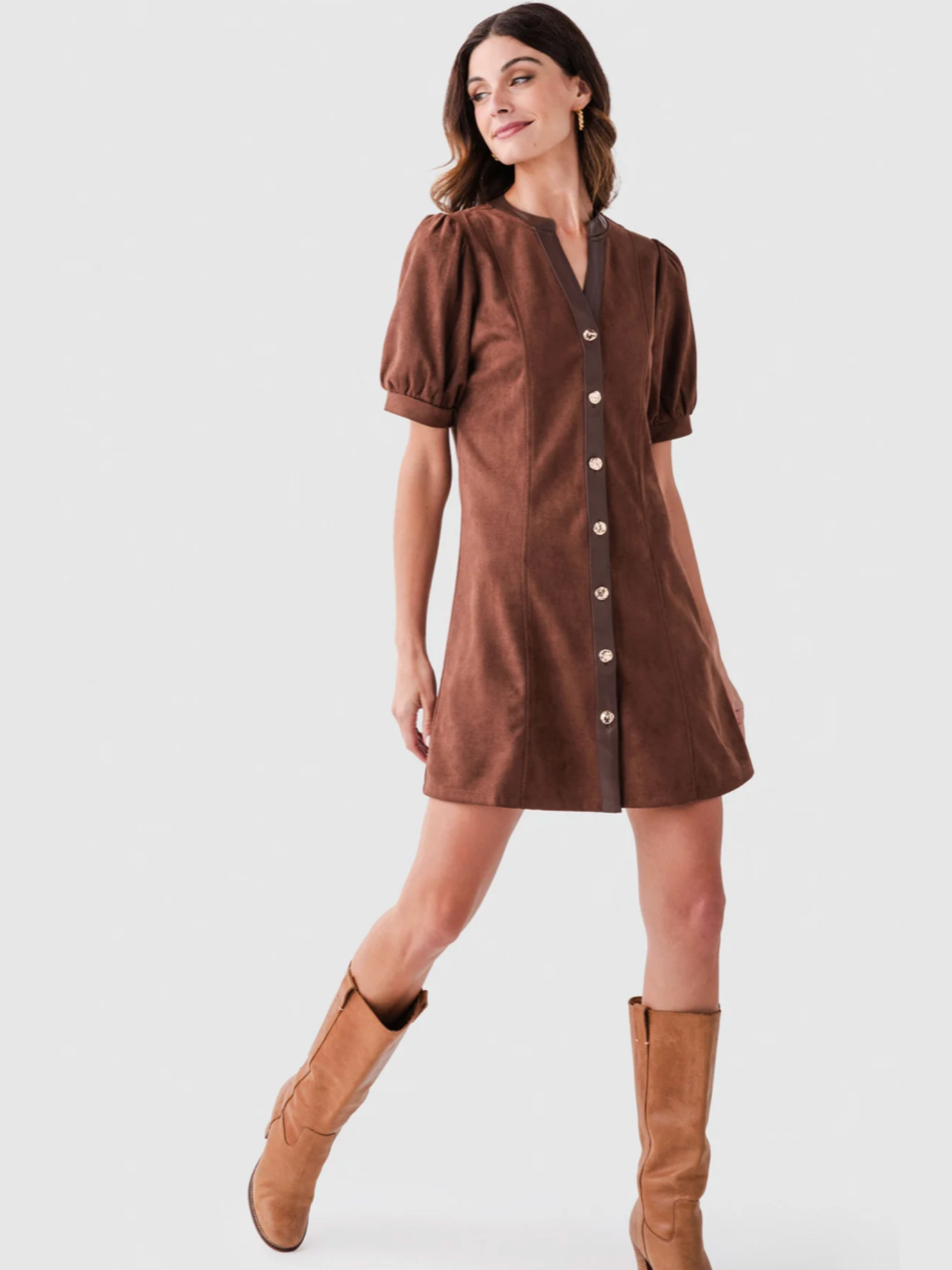 Valentina Puff Sleeve V Neck Button Up Suede Dress