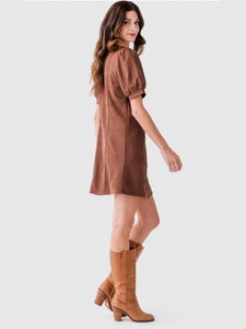 Valentina Puff Sleeve V Neck Button Up Suede Dress