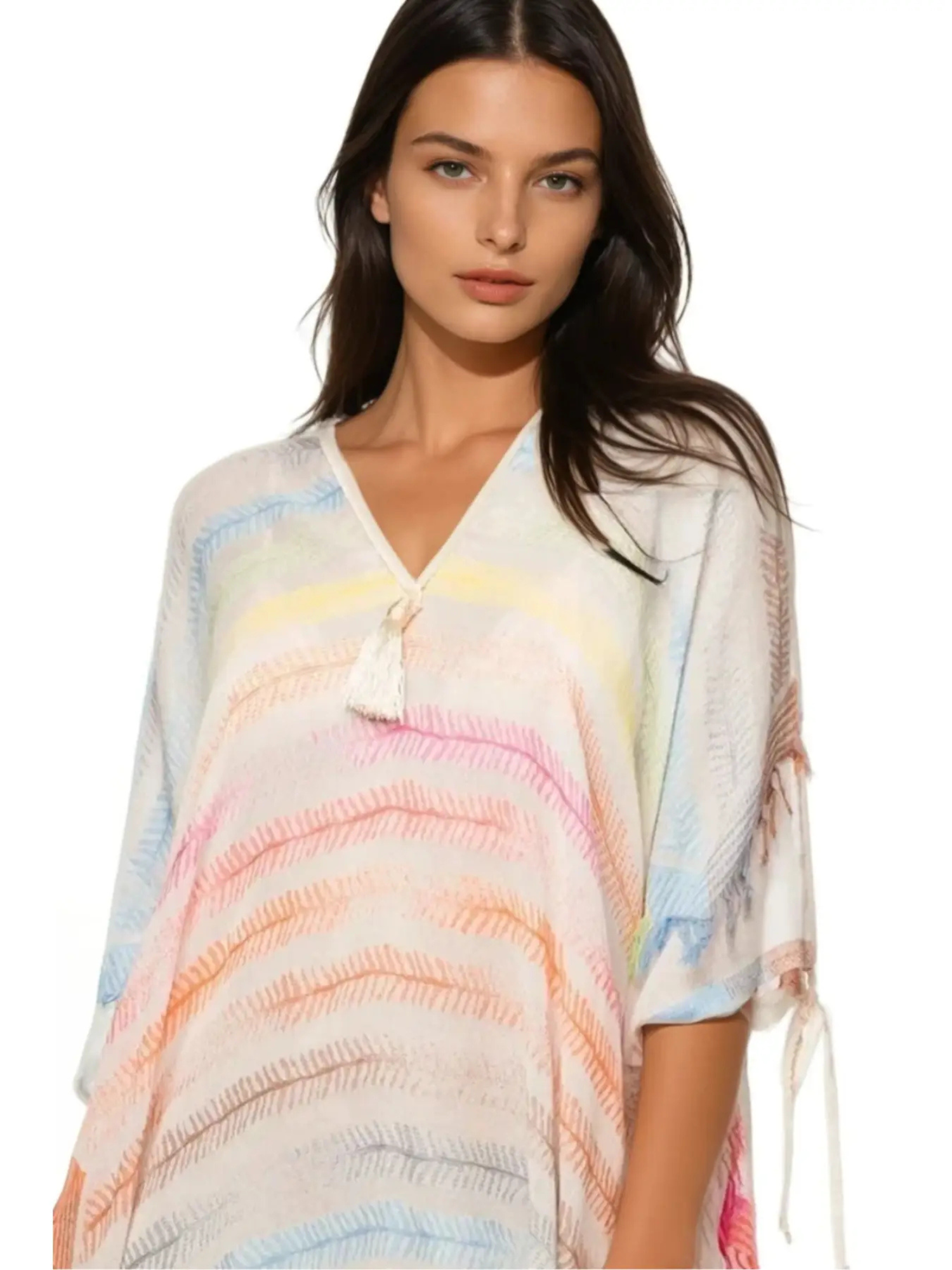 Pool to Party Open Shoulder Sundress Coverup in Neon Rainbow Loomed Fabric