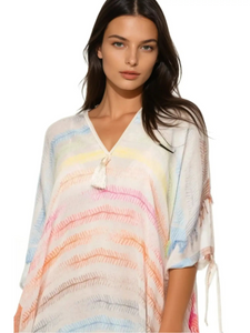 Pool to Party Open Shoulder Sundress Coverup in Neon Rainbow Loomed Fabric