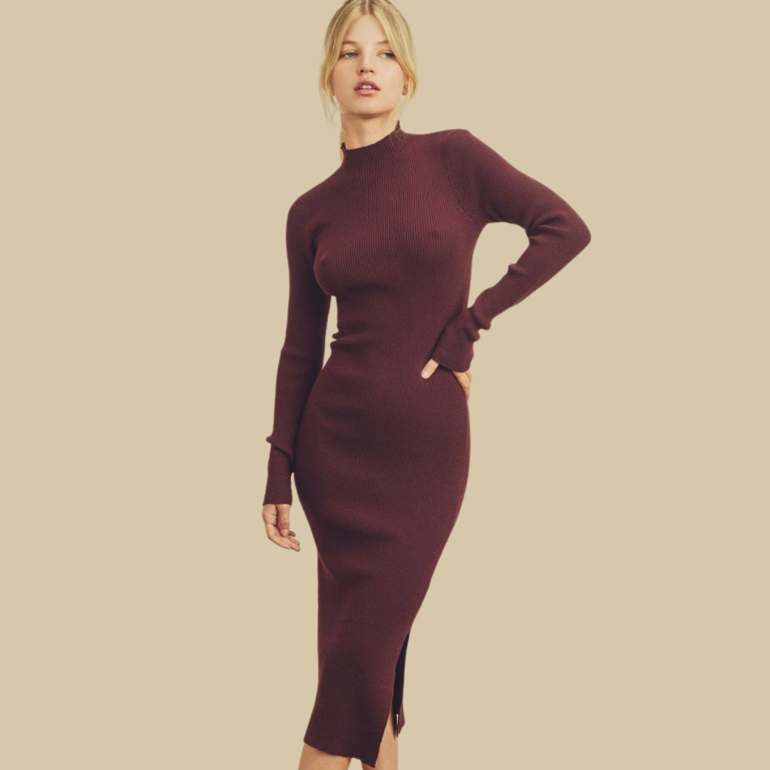 Ribbed Knit Mock Neck Dress -Burgundy