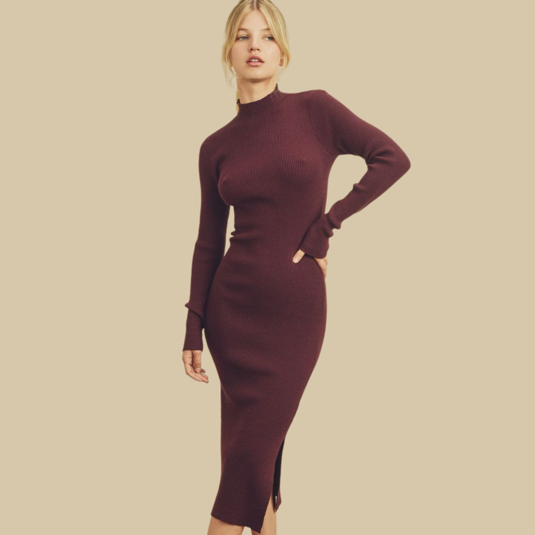 Ribbed Knit Mock Neck Dress -Burgundy Mod39 Ribbed Knit Mock Neck Dress -Burgundy Mod39