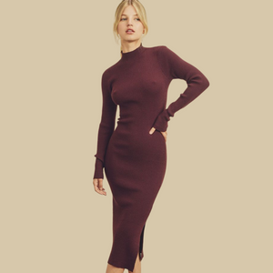 Ribbed Knit Mock Neck Dress -Burgundy Mod39 Ribbed Knit Mock Neck Dress -Burgundy Mod39