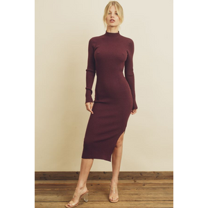 Ribbed Knit Mock Neck Dress -Burgundy