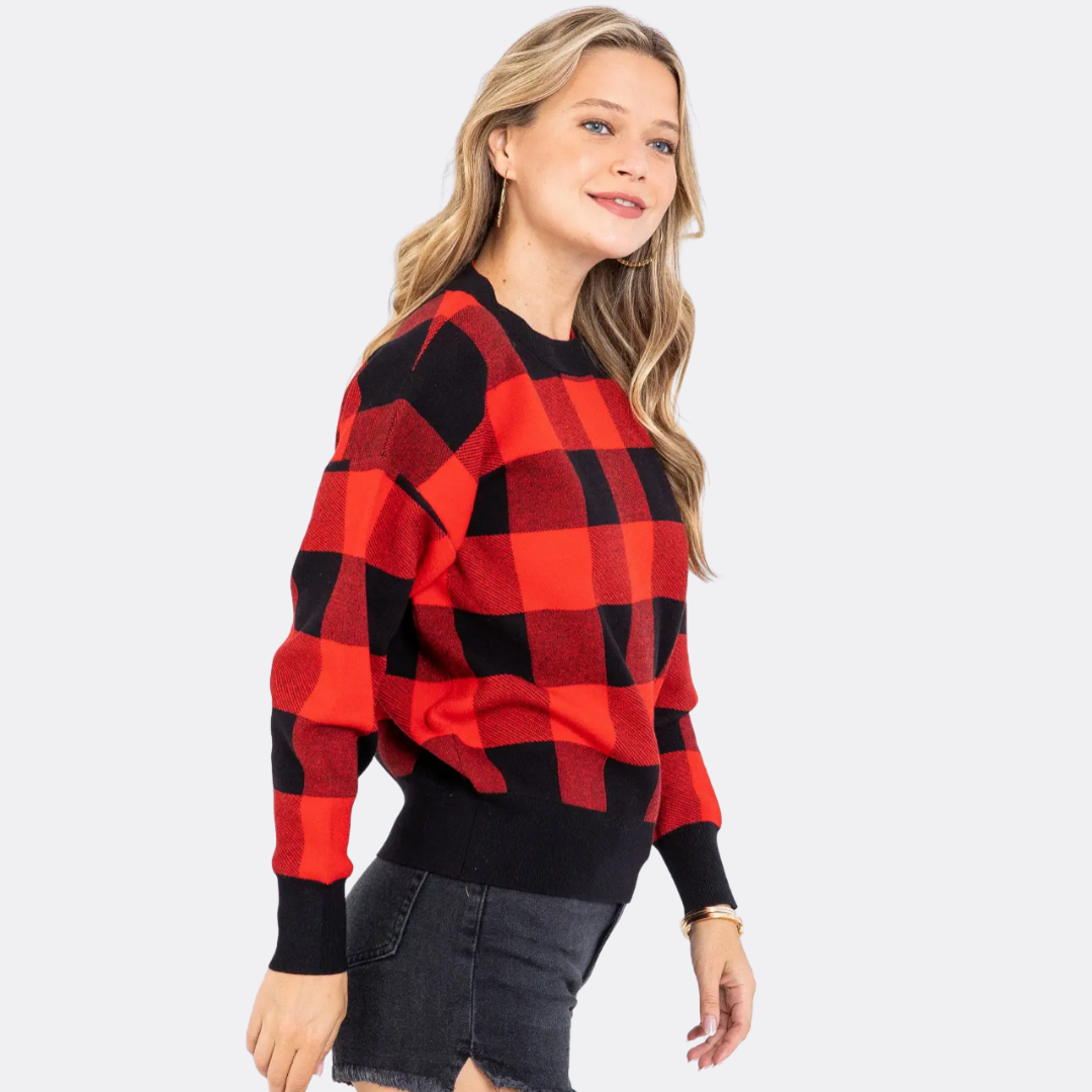 Gingham Check Knit Sweater- Red/Black