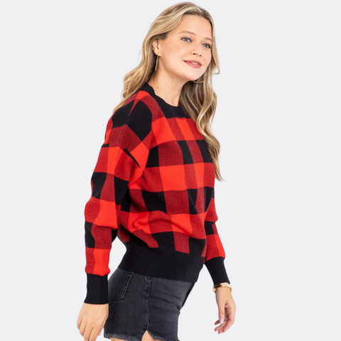 Gingham Check Knit Sweater- Red/Black