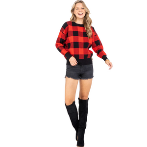 Gingham Check Knit Sweater- Red/Black